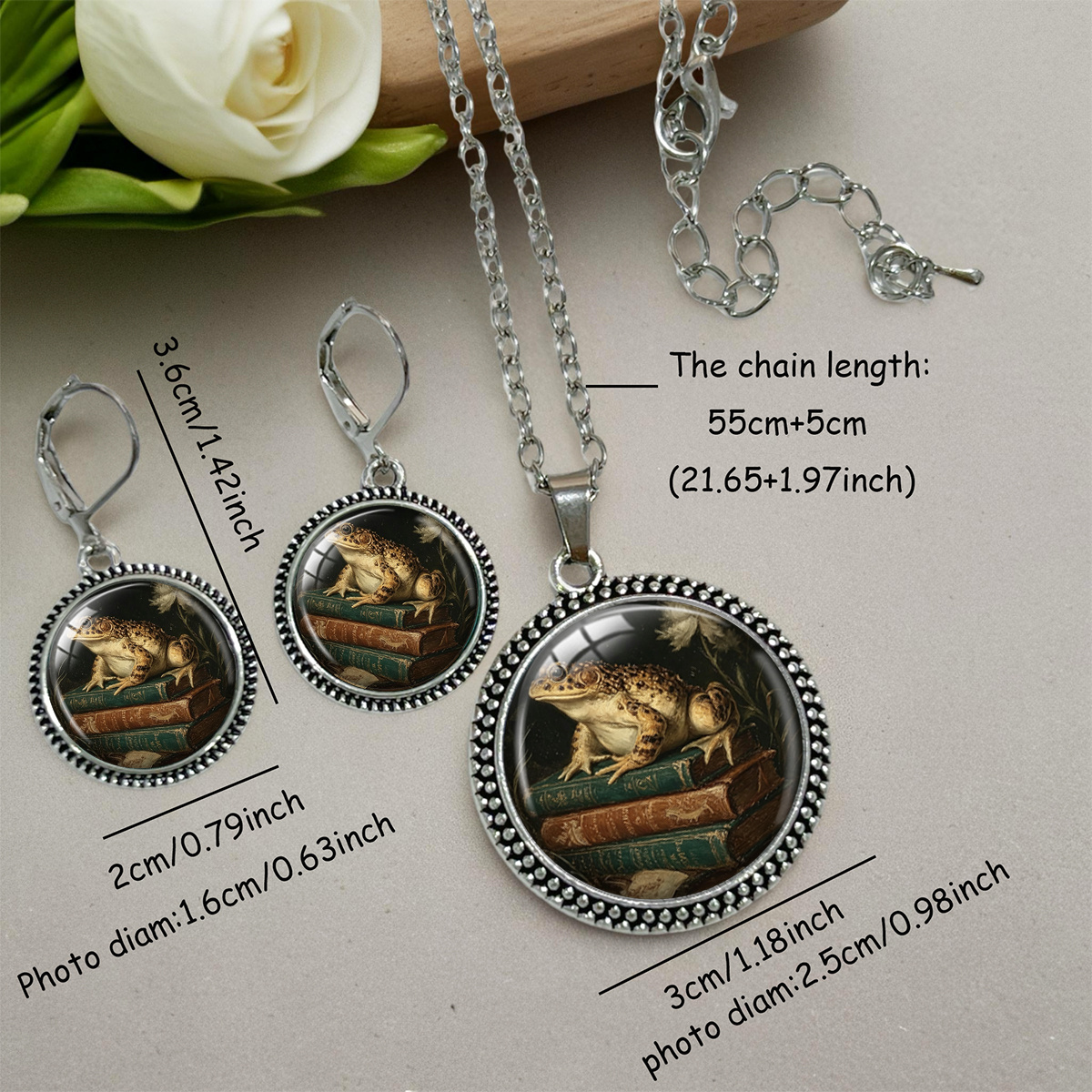 3pcs Old Book Toad Frog Necklace Earrings Set